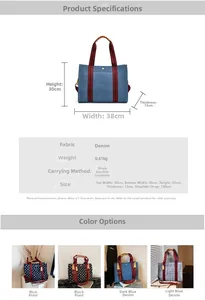 Tableau des tailles et vue des couleurs du sac cabas en denim à motif à carreaux