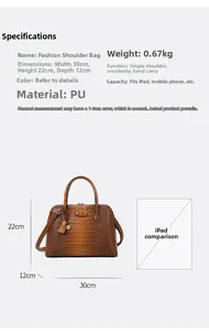 Size chart showing dimensions for the brown crocodile texture PU leather shoulder bag