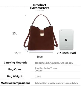 Detailed dimensions of the brown suede tote bag with iPad size comparison and specs