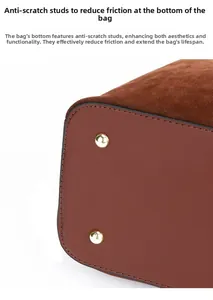 Detail of dark brown leather handbag base with protective gold metal feet and stitching