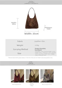 Detailed size and material chart for leopard print suede tote bags in various colors