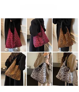 Detailed views of leopard print tote bags in various colors on a fashion model