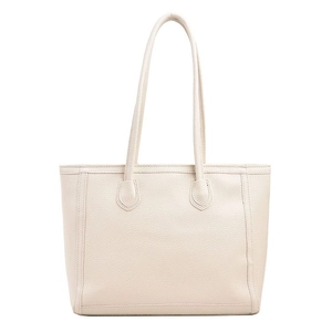 Minimalist beige tote bag with litchi grain texture and long shoulder straps for women
