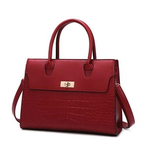 Deep red lychee pattern tote bag with gold metal clasp and adjustable shoulder strap