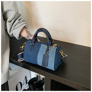 Sac À Main Boston Denim Toile Couleur Contrastée Grande Capacité Sac À Bandoulière Avec Large Bandoulière Amovible Pour Femmes