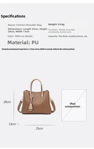Detailed dimension guide for brown PU leather tote bag with iPad size comparison