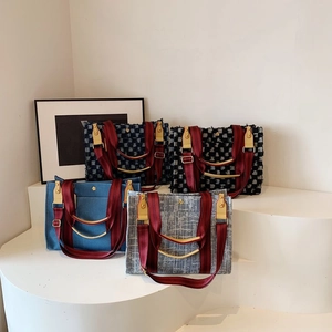 Sac Fourre-Tout En Jean Pour Femmes Sac À Main En Toile À Damiers Avec Bords Effilochés Rétro Grande Capacité Pour Femmes
