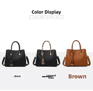 Three elegant tote bags in black, leopard print, and brown with textured leather finish