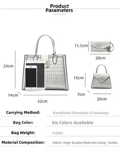 Three-piece silver grey tote bag set with crocodile texture showing dimensions and weight