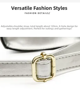 Detail of silver leather strap with 120cm length and 8-hole adjustable gold metal buckle