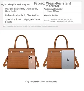 Detailed size comparison of brown crocodile texture tote bags with iPad and iPhone