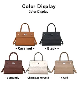 Color display of crocodile embossed leather tote bags with metal twist locks in five shades