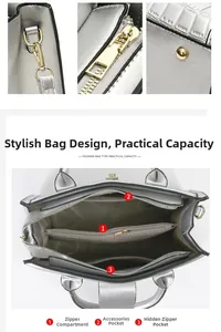 Detail view of silver tote bag hardware and interior compartments with zipper pocket