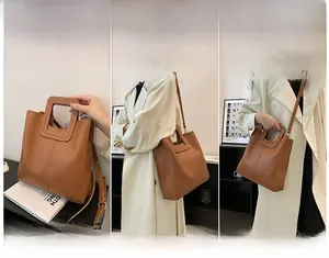 Versatile brown leather bag showing three carrying styles: handbag, shoulder and crossbody
