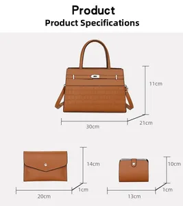 Detailed size specifications for brown leather handbag set including crossbody and wallet