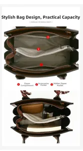 Detailed interior of a brown retro tote bag showing multi-layered compartments and large capacity