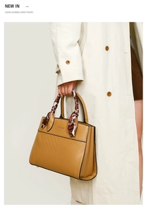 Detail of tan tote bag with V-quilted texture and silk scarf wrapped on the handle