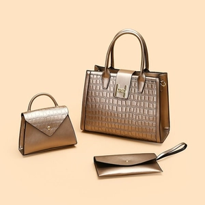 Three-piece retro bronze crocodile embossed tote bag set with H-shaped metal buckle