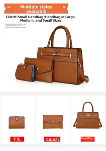 Brown three-piece vintage tote set with faux crocodile detail and metal lock buckle