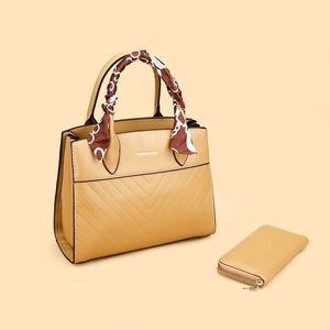 Minimalist retro tote bag set with matching wallet and silk scarf handle decoration