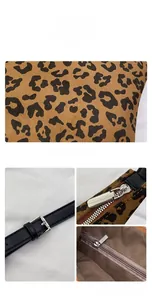 Close-up of leopard print faux fur material with black strap and silver metal hardware