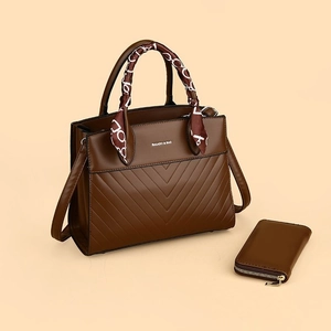 Brown vintage tote bag set with V-quilted faux leather and decorative silk scarf
