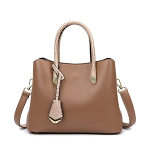 Brown lychee textured tote bag with crocodile pattern handles and golden hardware