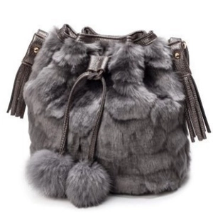 Winter 2024 grey faux fur bucket bag with plush pom-poms and drawstring tassels