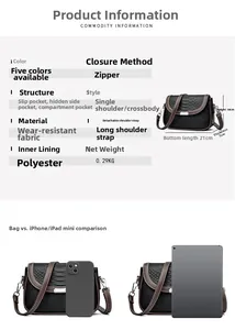 Comparaison de taille et spécifications du sac bandoulière noir avec tableau de mesures