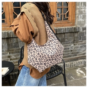 Stylish leopard print canvas dumpling shoulder bag with large capacity for casual wear