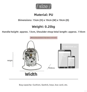 Detail of silver sequin bucket bag showing 15x10x10cm size and internal PU drawstring