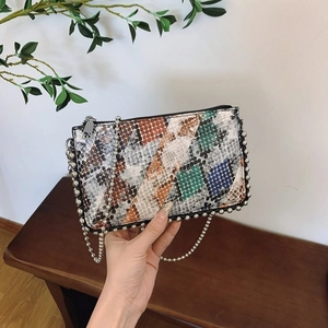 Detail of snake print crossbody bag with silver bead trim and metallic ball chain