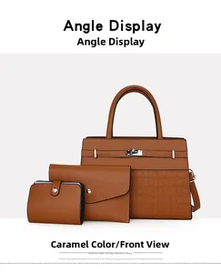 Detailed view of caramel 3-piece bag set with crocodile texture and metal buckle