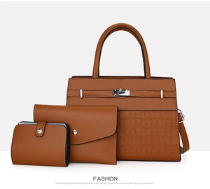 Detailed view of 3-piece bag set with crocodile pattern stitching and silver twist lock