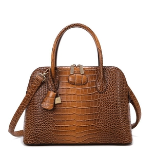 Brown crocodile embossed leather handbag for women with top handles and gold lock charm