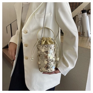 Champagne gold sequin bucket bag with drawstring closure and metal chain handle
