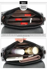 Vue détaillée de l'intérieur du sac en cuir noir avec plusieurs compartiments zippés