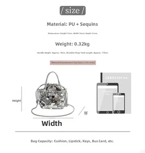 Size guide for PU bucket bag with sequins showing dimensions and interior capacity details