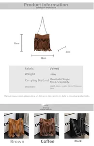 Detailed size specifications and material chart for the fringe crossbody bag with metal chain