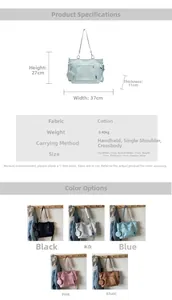 Tabella taglie dettagliata e borse tote in tela multicolore di dimensioni 37x27x11cm