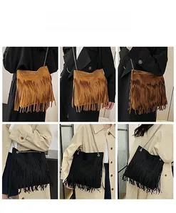 Detailed views of vintage fringe crossbody bag with metal chain in black and tan colors