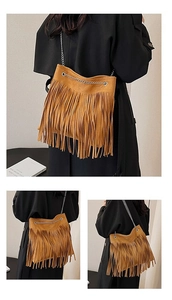 Detailed views of brown fringe crossbody bag with suede texture and silver chain strap