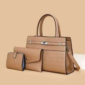 Three-piece khaki brown leather handbag set featuring embossed crocodile texture accents