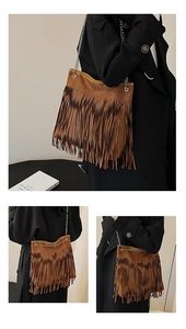 Detail of brown suede fringe tote bag featuring long tassels and a silver chain strap