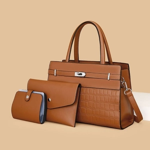 3-piece brown leather handbag set including tote with crocodile texture and metal buckle