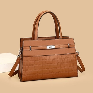 Retro brown crocodile embossed leather tote bag with top handle and metal lock
