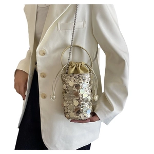 Sparkly sequin drawstring bucket bag with silver chain strap and metal handles
