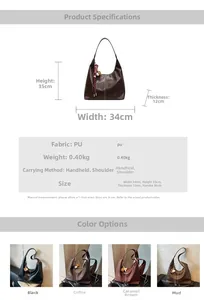 Detailed dimension chart and material specs for the large PU leather tote bag in four colors