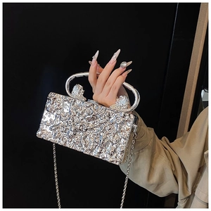 Detail of silver acrylic clutch with stone texture and lion head metal handle
