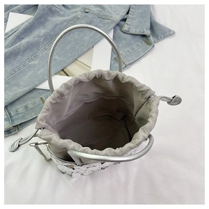 Silver sequin bucket bag with drawstring closure and chic chain shoulder strap for women
